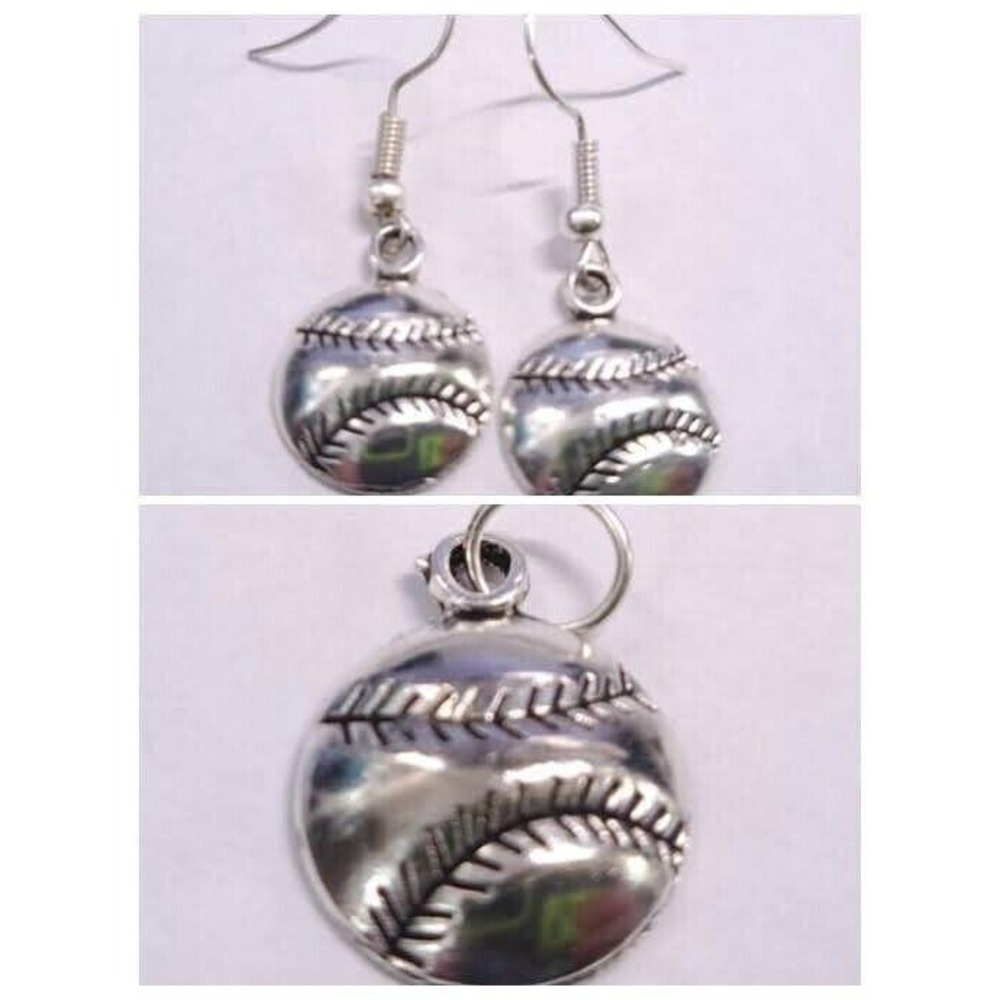 Baseball Softball Base Soft Ball Sports Pendant Charm Earrings‎ Set Silvertone